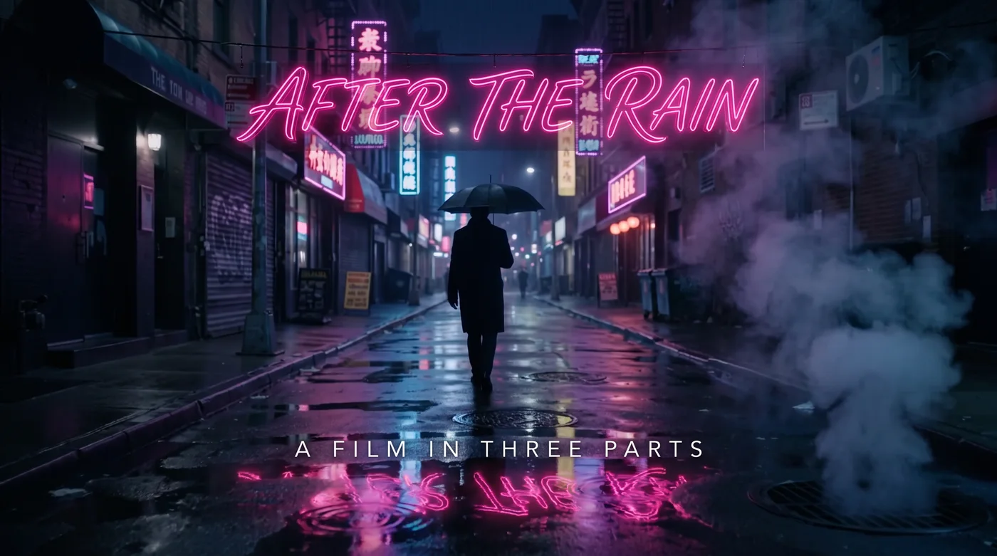 Film title card matched to the neon street b-roll