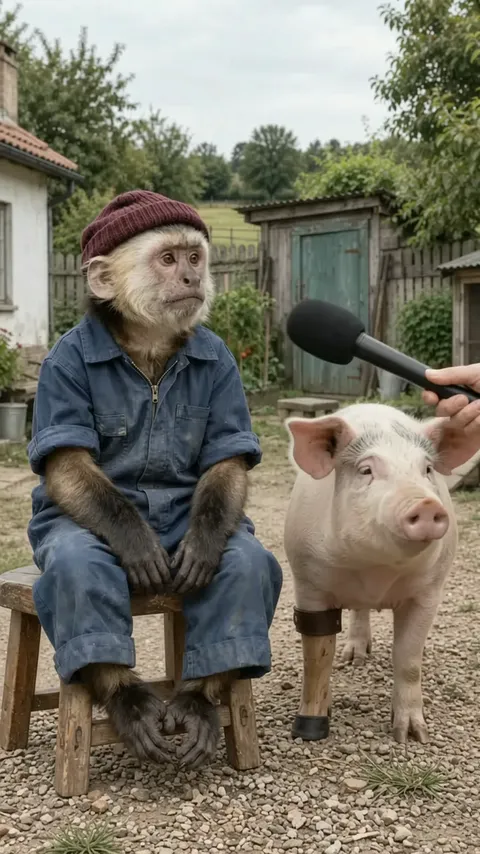 The capuchin farmer on his stool beside the pig, the reporter's microphone in frame