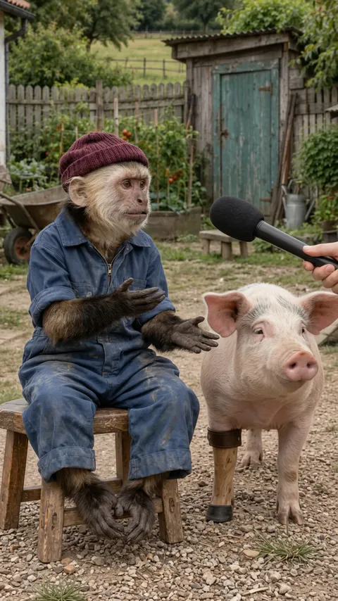 The farmer turns to the pig with both hands open