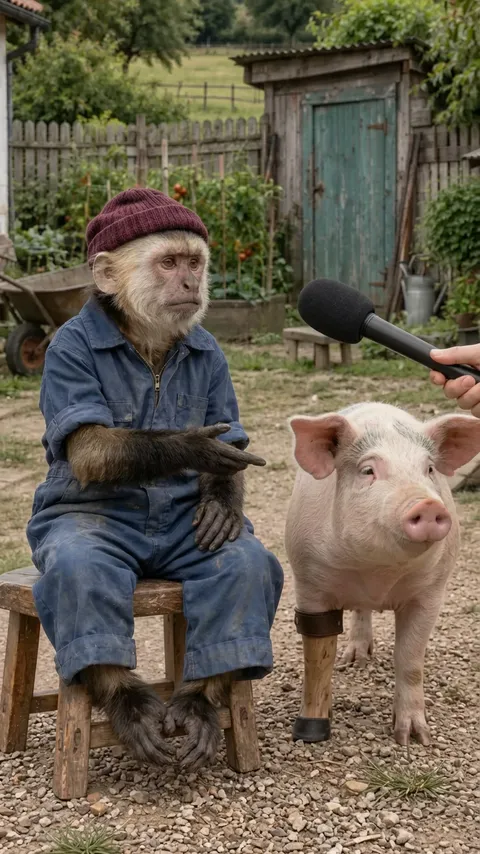The farmer points at the pig with a straight face